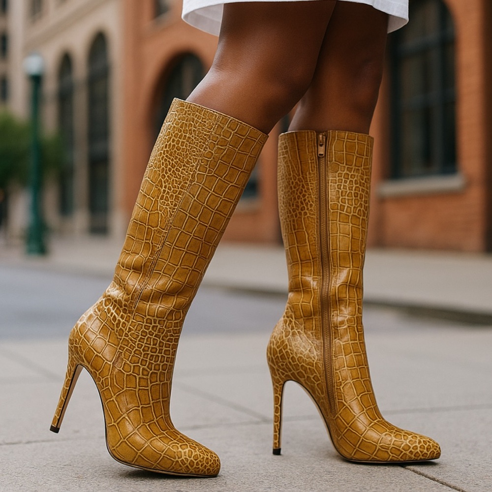 Charles by Charles David tan faux animal print knee high side zip boots